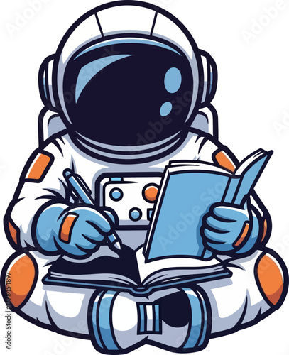 astronaut diligently studies the universe, writing down fascinating cosmic notes