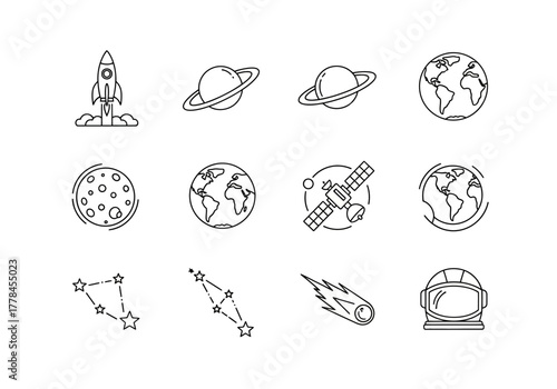 Twelve black and white line icons depicting space and astronomy objects