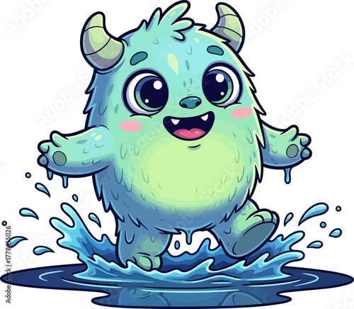 playful monster delights, splashing with sheer joy in puddle
