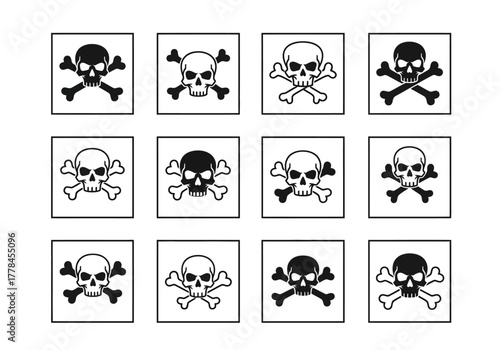 Twelve square panels display variations of skull and crossbones graphics