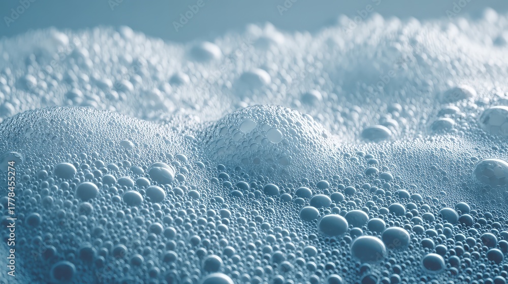 Obraz premium Close up macro view of light blue soap bubbles creating a foamy surface texture
