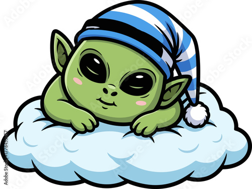 dreamy alien napping peacefully on a soft, tranquil cloud