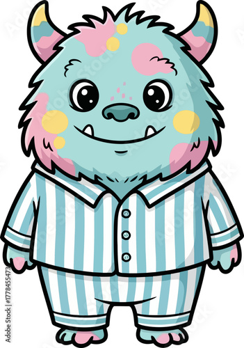 friendly fluffy monster smiles widely, ready for cozy bedtime adventures