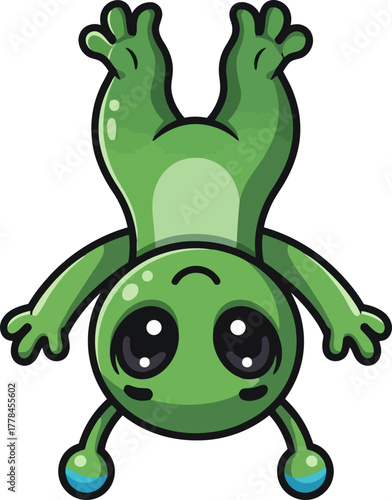curious green alien hangs upside down, observing world with whimsical charm