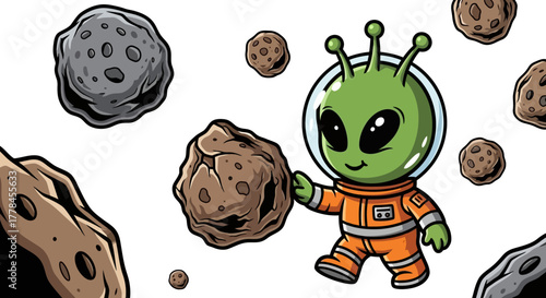 little explorer alien happily juggles asteroids, navigating playful cosmic adventures