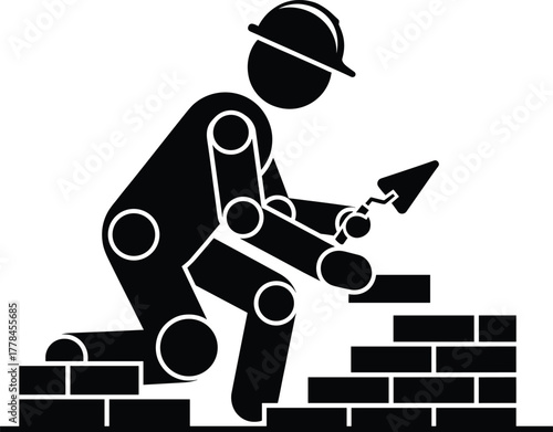 Construction worker robot silhouette vector illustration, humanoid builder laying bricks with trowel, futuristic industry automation, masonry work, industrial technology concept design