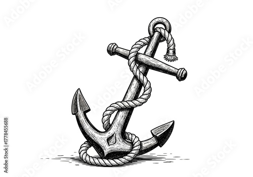 Black and white drawing of a ship anchor with coiled rope on a white background
