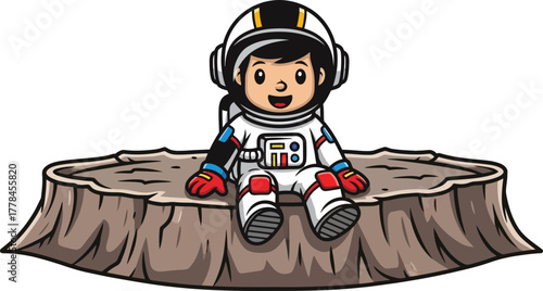 little astronaut smiles, taking a joyful break on the moon