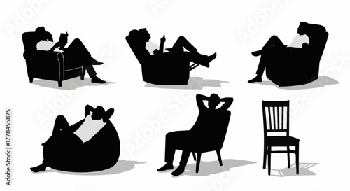 Silhouettes of people relaxing in various chairs and positions.