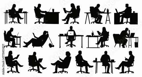 Diverse Silhouettes of People Working and Relaxing in Office and Home Settings.