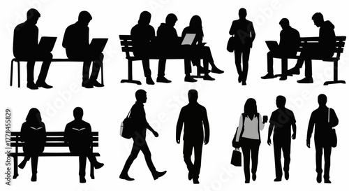 Diverse group of people in various poses and activities captured in silhouette.