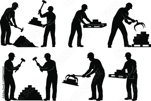Construction workers silhouettes vector illustration set, industrial labor people using tools and lifting materials, teamwork on construction site, heavy work, building industry design
