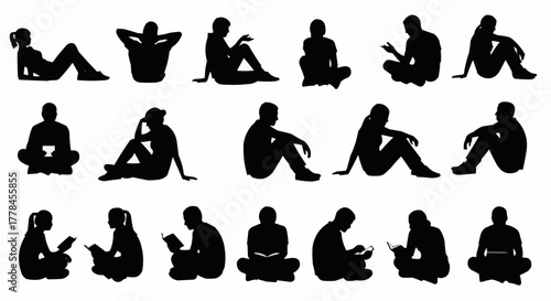 Collection of black human silhouettes in various sitting and relaxing poses.