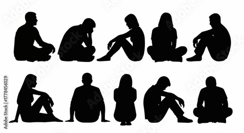 Silhouettes of people sitting and contemplating in various poses, black and white.