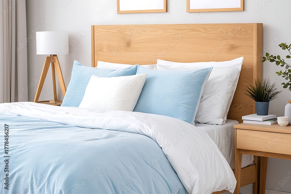 Obraz premium Cozy and Modern Bedroom with Light Blue Bedding and Natural Wood Accents