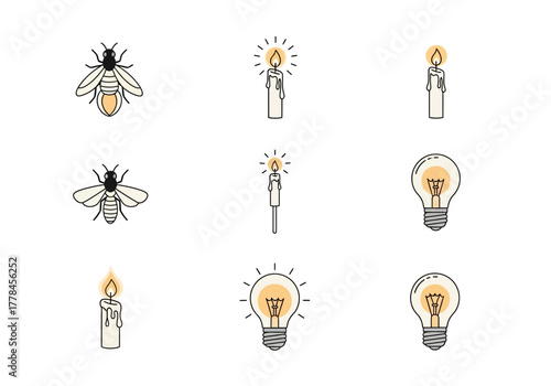 Grid of nine icons featuring stylized illustrations of bees lit candles and light bulbs
