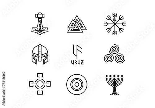 Nine black line art symbols arranged in a threebythree grid