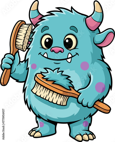 delightful fuzzy monster brushes its coat, embracing daily selfcare routine