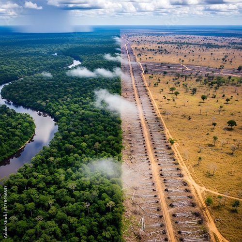 Deforestations Impact - A Stark Contrast Between Forest and Cleared Land.