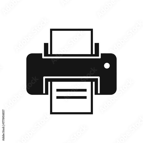 Printer icon displaying paper being fed in and out, symbolizing document printing, output, scanning, and office technology functions for digital design assets.
