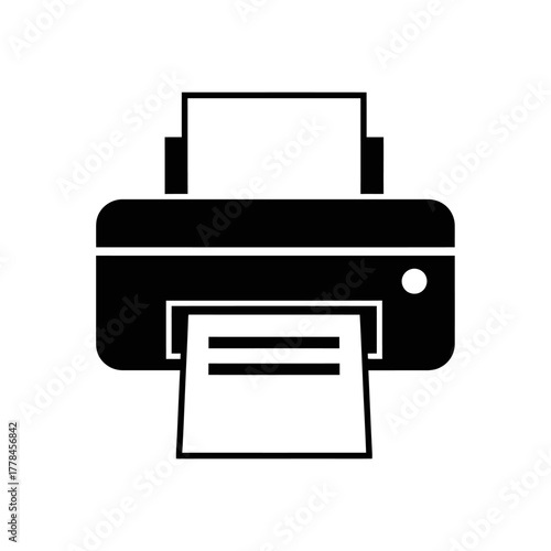 Printer icon, black silhouette on white background, depicting paper feeding and output, symbolizing office technology, document printing, and hardcopy.