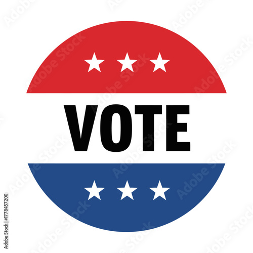 Vote election button icon or sticker with patriotic red, white, and blue colors and stars for democratic process and civic duty participation.