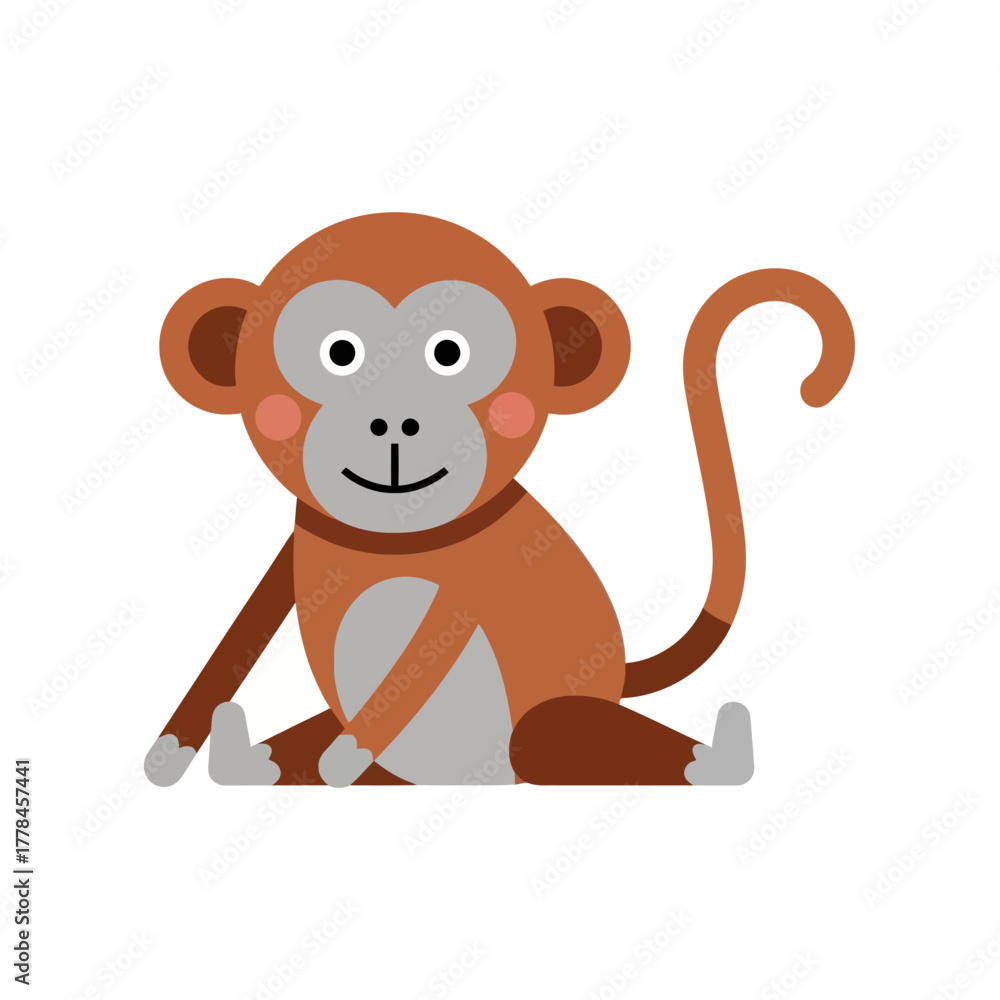 Obraz premium Cartoon baby monkey character vector illustration sitting with a happy face, isolated on a white background, flat style simple graphic design for children and education.