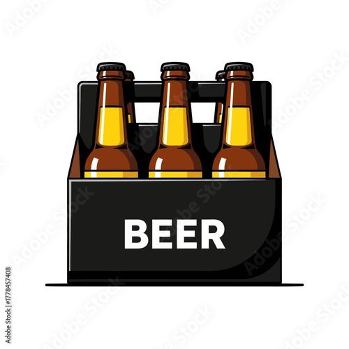 Six-pack of beer bottles in a black carrier, refreshing alcoholic beverage for social gatherings, parties, and celebrations, vector illustration with bold typography.