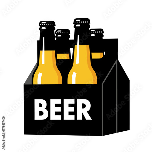 Six pack of refreshing beer bottles in a sturdy black cardboard carrier, featuring a crisp, modern flat design illustration on a clean white background, perfect for advertising and casual use.