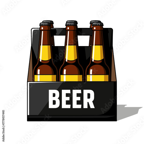 Vector illustration of a classic six-pack beer carrier with brown glass bottles and yellow labels, perfect for bar, party, or celebration themes.