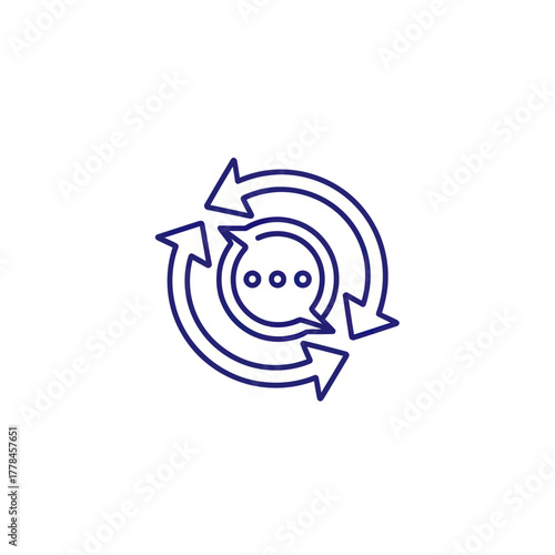 Circular communication process with arrows and speech bubbles for discussion.