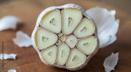 Cross-Section of Garlic Bulb Revealing Cloves and Texture.