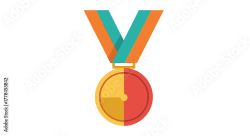Golden medal with orange and teal ribbon, symbolizing achievement and victory