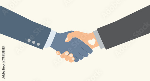 Two businessmen shaking hands, one with a heart symbol on his palm, symbolizing trust and partnership in business dealings