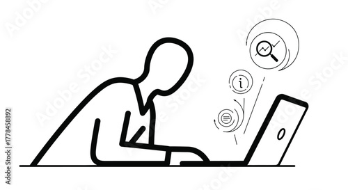 Person working on a laptop with abstract icons representing data and information flow, symbolizing online work