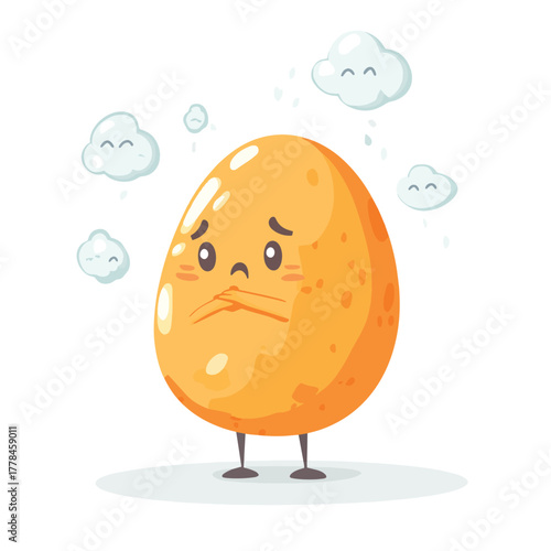 A cartoon character with an egg-shaped body and worried expression surrounded by thought bubbles, symbolizing anxiety and stress on a white background