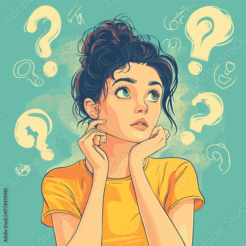A thoughtful woman pondering difficult questions seeking answers and clarity in her mind   , vector style simple color