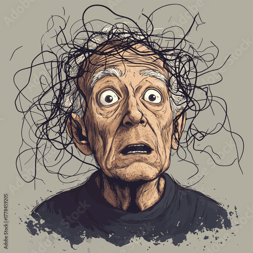 An elderly man with a troubled expression and tangled lines around his head looking confused and distressed   , vector style simple color