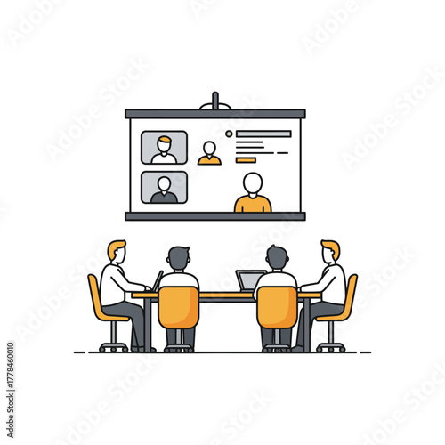 Team Meeting with Virtual Participants on Projector Screen