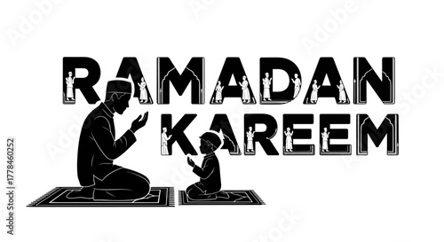 Father and son praying on mats during ramadan kareem celebration