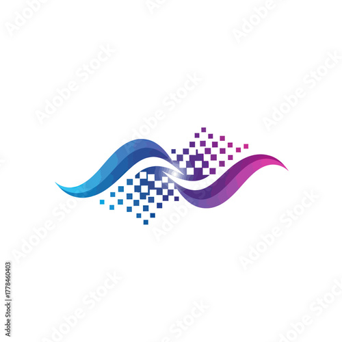 Abstract digital wave logo with pixelated data stream.
