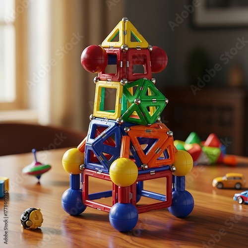 Colorful Magnetic Building Blocks Tower on Wooden Table.