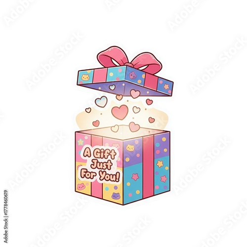 A cute kawaii gift box with a popping lid, decorated with cats and stars, glowing with floating hearts, and the text 