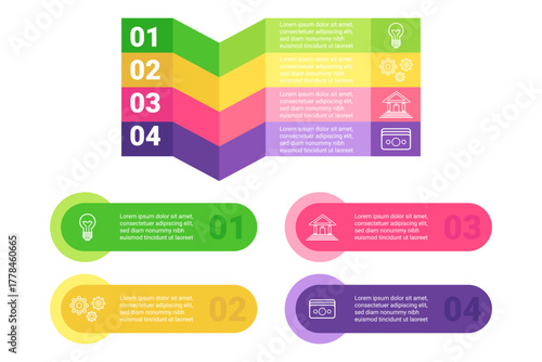Infographic set with colorful sections highlighting key ideas. Each segment focusing on different concept, with icons and numbers to organize information clearly