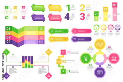 Infographic set with colorful designs illustrating various concepts. Clearly organized elements guiding viewer through important information and ideas in visually appealing way