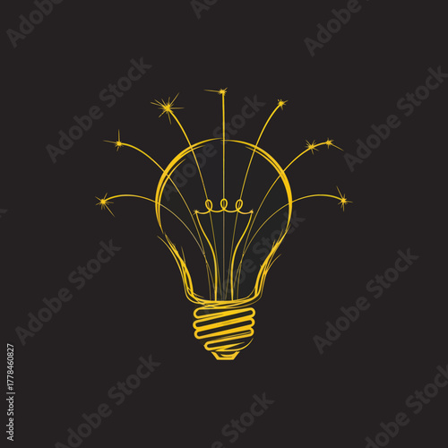 Golden Light Bulb with Sparkling Rays on Dark Background.