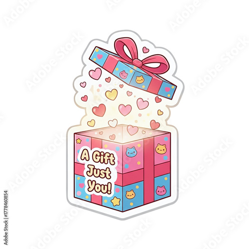 A cute kawaii gift box with a popping lid, decorated with cats and stars, glowing with floating hearts, and the text 