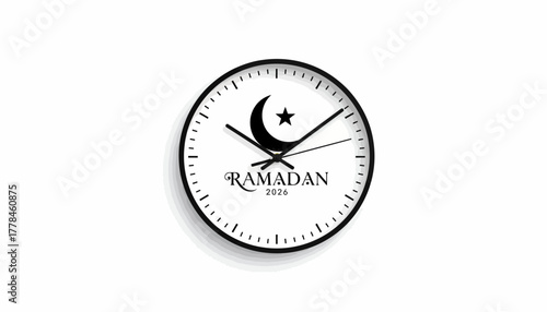 Ramadan 2026 clock with crescent moon and star for islamic fasting.