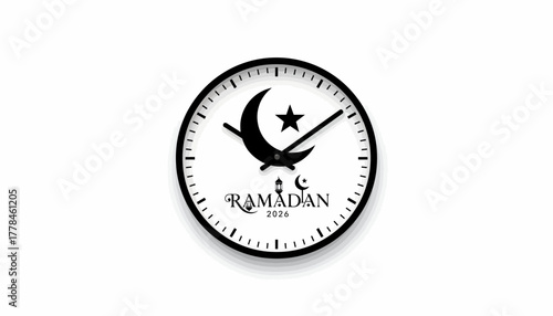 Ramadan 2026 timing clock with crescent moon and star symbol.