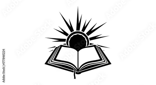 Open book with rising sun symbol of knowledge and enlightenment